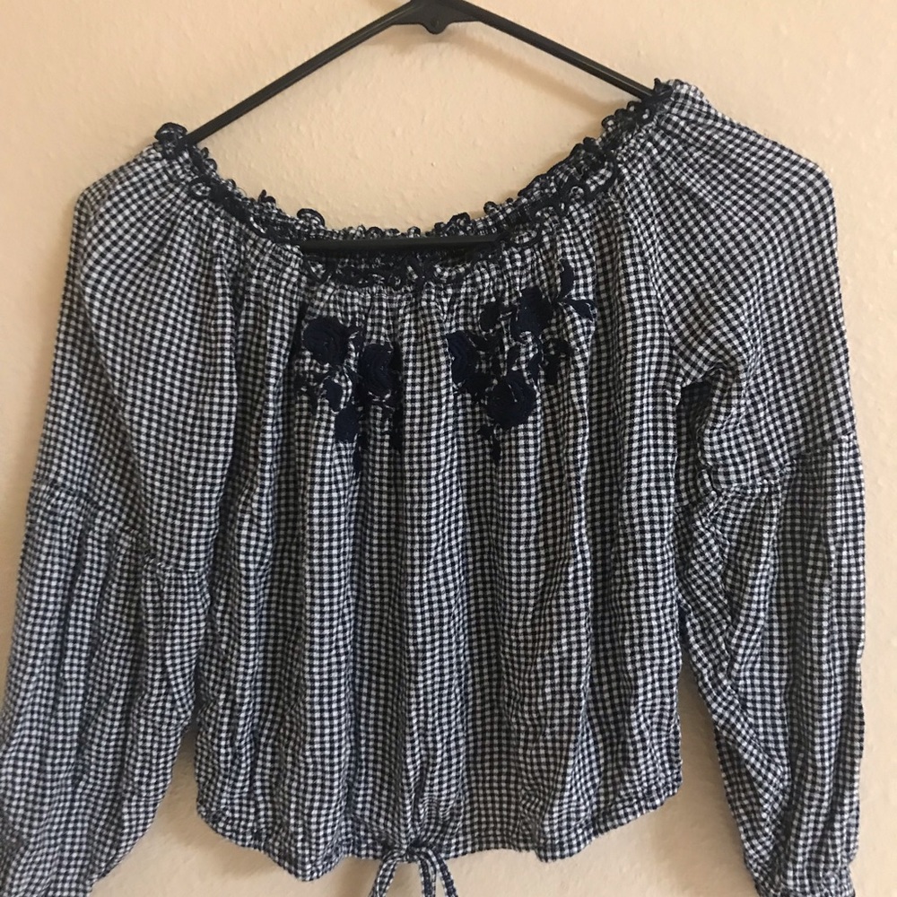 Top by Hollister Gingham design with neck Floral embroidery- Relaxed fit